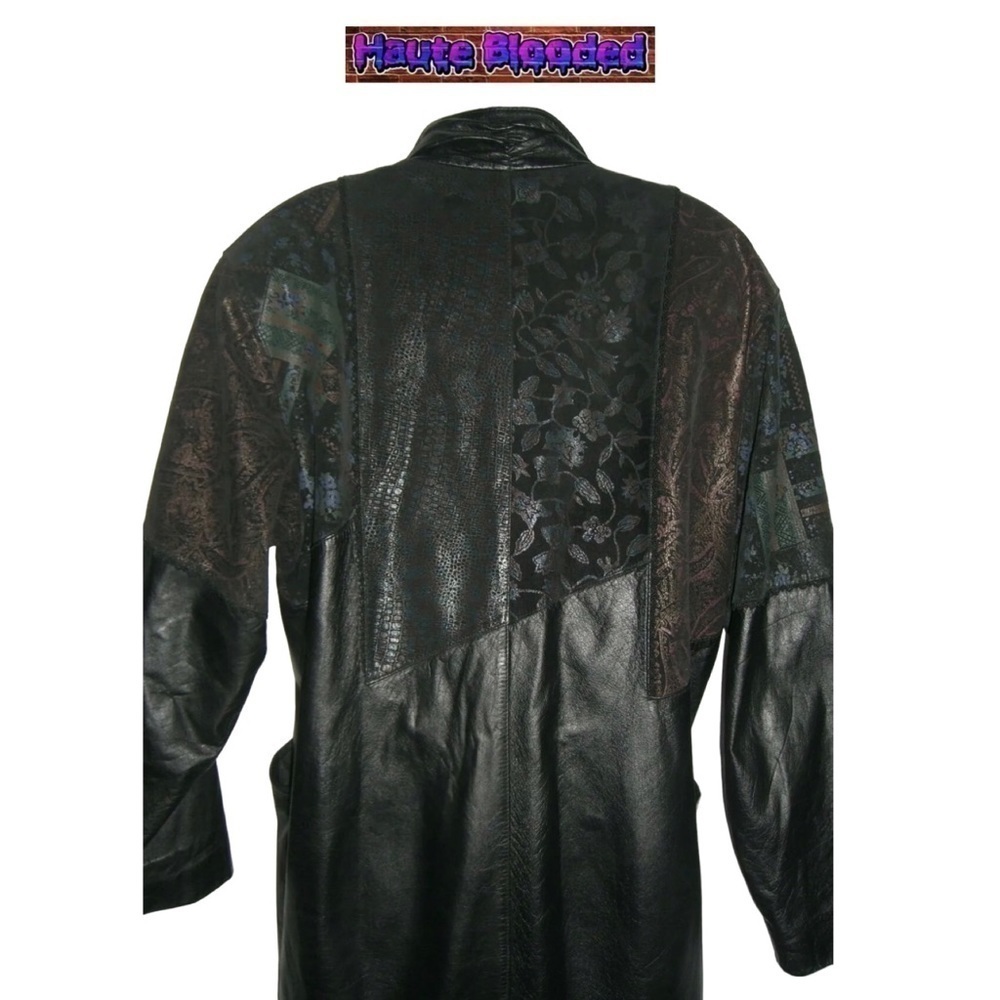 Vintage 90's Long Black Leather Trench Coat Holographic Boho Print Floor Length - Picture 11 of 15